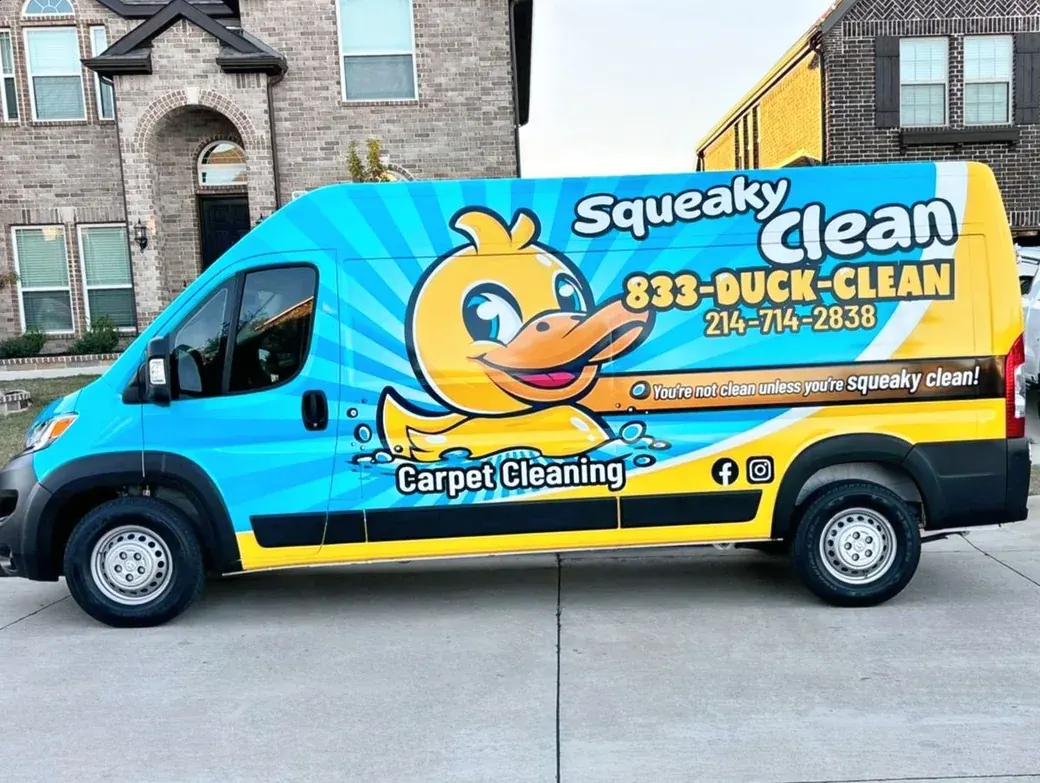 Squeaky Clean wrapped service van in a North Texas neighborhood
